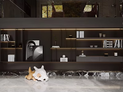 Modern Dark Decorative Wall Cabinets With Art Books And Sculptures 3d model