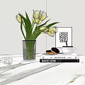 Modern Minimalist Decor Set With White Tulips Glass Vase Books Donuts Coffee Cup And Candles