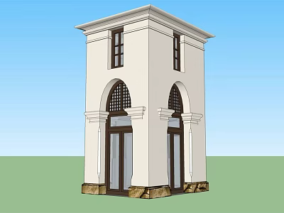 White Two Story Tower With Arched Doors Decorative Grilles And Stone Base 3d model