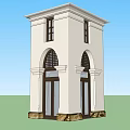 White Two Story Tower With Arched Doors Decorative Grilles And Stone Base