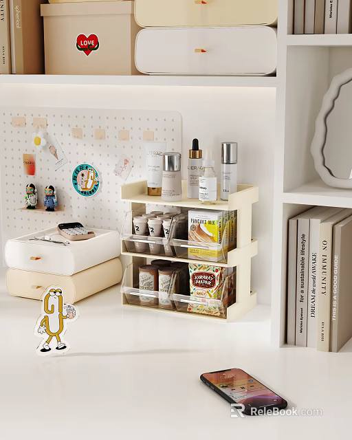 Organized Household Items Storage With Layered Shelving Skincare Spices And Pegboard Decor 3d model 