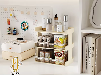 Organized Household Items Storage With Layered Shelving Skincare Spices And Pegboard Decor 3d model