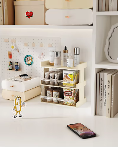 Organized Household Items Storage With Layered Shelving Skincare Spices And Pegboard Decor 3d model