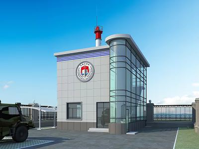 Modern Building With Emblem Glass Curtain Wall Red Tower And Military Green Vehicle 3d model