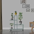 Bright Indoor Garden Decor With Multi Tiered Shelves Potted Plants And Wall Art