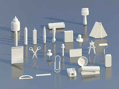 White Stationery Items Collection With Scissors Paper Clips Notebooks And Desk Accessories 3d model
