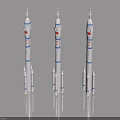 Three White Rocket Models With Blue Stripes And Red Logos On Gray Background 3d model