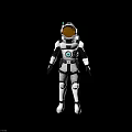 Astronaut in White Spacesuit Orange Helmet with Blue Chest Logo Interacting with Alien Creature