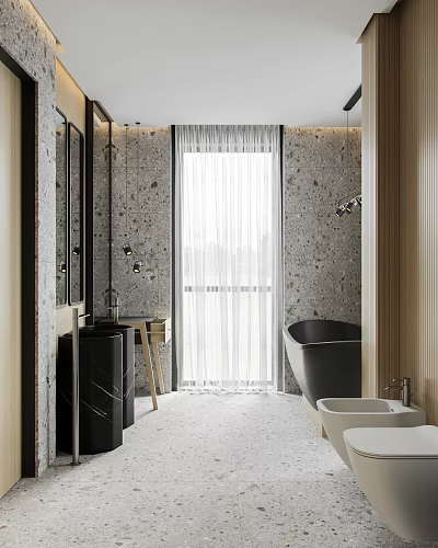 Modern Bathroom With Bathtub Vanity Sheer Curtains And Stone Walls 3d model