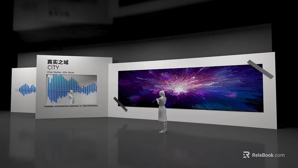 Real City Exhibition Photo Spot With Large Abstract Purple Blue Screen 3d model 