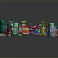 Colorful 3D Cartoon Scene With Various Buildings Towers Green Plants And Shapes