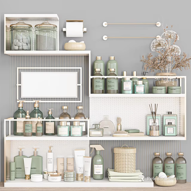 Neat Bathroom Accessories Display On Shelves With Decor 3d model