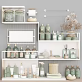 Neat Bathroom Accessories Display On Shelves With Decor 3d model