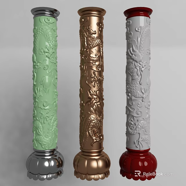 Ornate Columns Featuring Dragon Carvings In Green Gold Gray With Red Silver Bases 3d model 