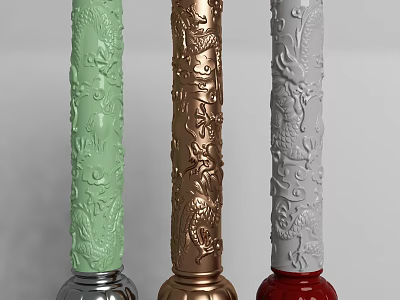Ornate Columns Featuring Dragon Carvings In Green Gold Gray With Red Silver Bases 3d model