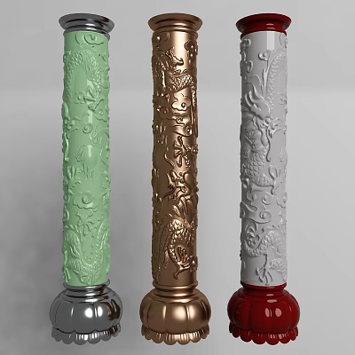 Ornate Columns Featuring Dragon Carvings In Green Gold Gray With Red Silver Bases 3d model