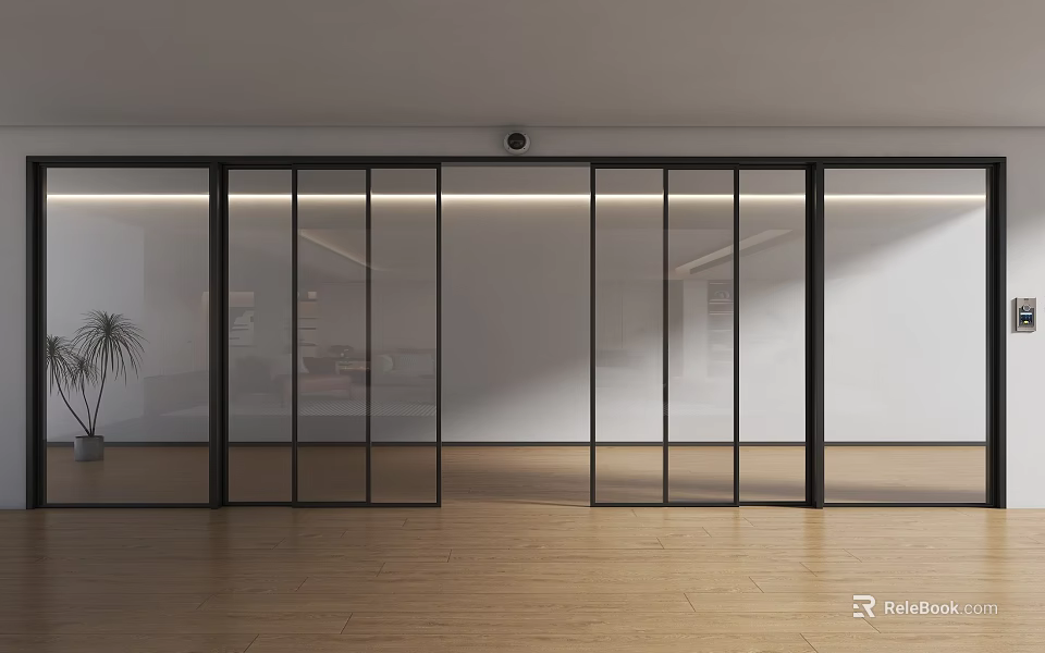 Modern Sliding Glass Doors as Interior Space Divider with Black Frames and Wooden Floor 3d model 