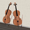 Two Wooden Cellos Leaning Against Wall With Bows In Indoor Setting