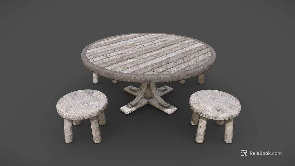 Round Wooden Table with Striped Top and Cross Base and Two Small Matching Stools 3d model 