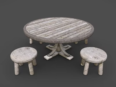 Round Wooden Table with Striped Top and Cross Base and Two Small Matching Stools 3d model