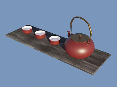 Stylish Red Tea Set with Gold Handle Teapot and Three Teacups on Wooden Tray 3d model