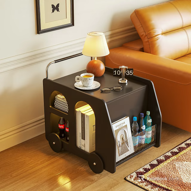 Stylish Wheeled Side Table With Table Lamp Coffee Cup Clock Magazines And Drink Bottles 3d model 