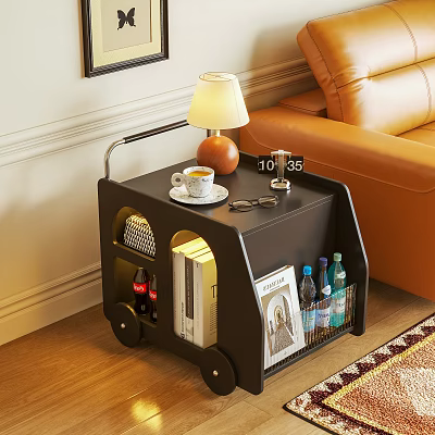 Stylish Wheeled Side Table With Table Lamp Coffee Cup Clock Magazines And Drink Bottles 3d model