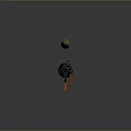 Rocket Launcher With Orange Wooden Grip And Green Rocket Projectile On Dark Reflective Surface