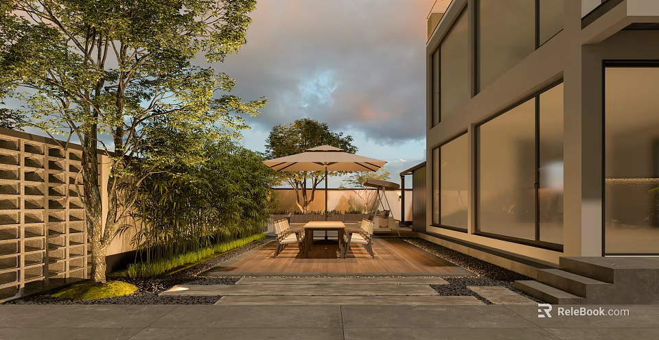 Modern Garden Landscape With Patio Wooden Flooring Table Chairs Umbrella Green Plants And Glass Wall 3d model 