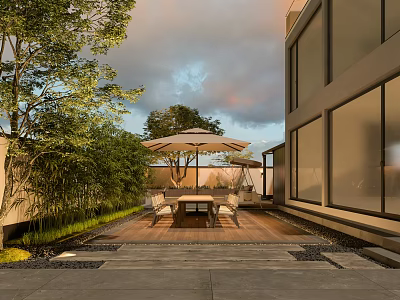 Modern Garden Landscape With Patio Wooden Flooring Table Chairs Umbrella Green Plants And Glass Wall 3d model