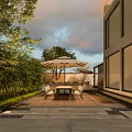 Modern Garden Landscape With Patio Wooden Flooring Table Chairs Umbrella Green Plants And Glass Wall