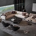 L shaped Beige Sofa With Decorative Pillows And Black Round Coffee Table In Modern Living Room