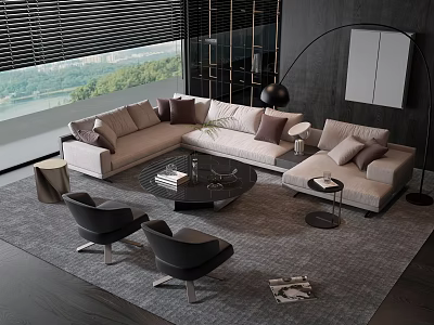 L shaped Beige Sofa With Decorative Pillows And Black Round Coffee Table In Modern Living Room 3d model