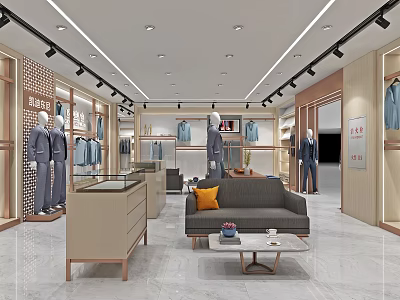 Modern Men's Clothing Store Interior With Suits Shirts Mannequins Sofa And Coffee Table 3d model