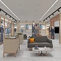 Modern Men's Clothing Store Interior With Suits Shirts Mannequins Sofa And Coffee Table