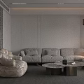 Warm Minimalist Modern Living And Dining Room With Plush Sofa And Marble Coffee Tables