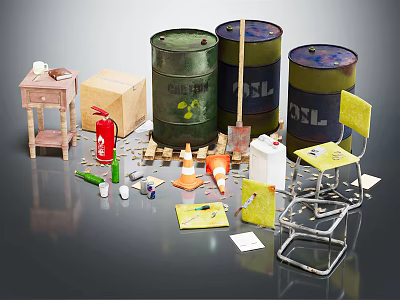 Assorted Miscellaneous Items Including Barrels Wooden Crate Fire Extinguisher Traffic Cone Chair And Tools 3d model