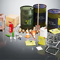 Assorted Miscellaneous Items Including Barrels Wooden Crate Fire Extinguisher Traffic Cone Chair And Tools