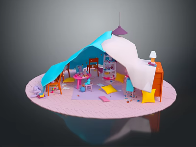 Colorful Cartoon Kids Play Area With Tent Tables Chairs Toys Yellow Mats And Pink Floor 3d model
