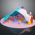 Colorful Cartoon Kids Play Area With Tent Tables Chairs Toys Yellow Mats And Pink Floor