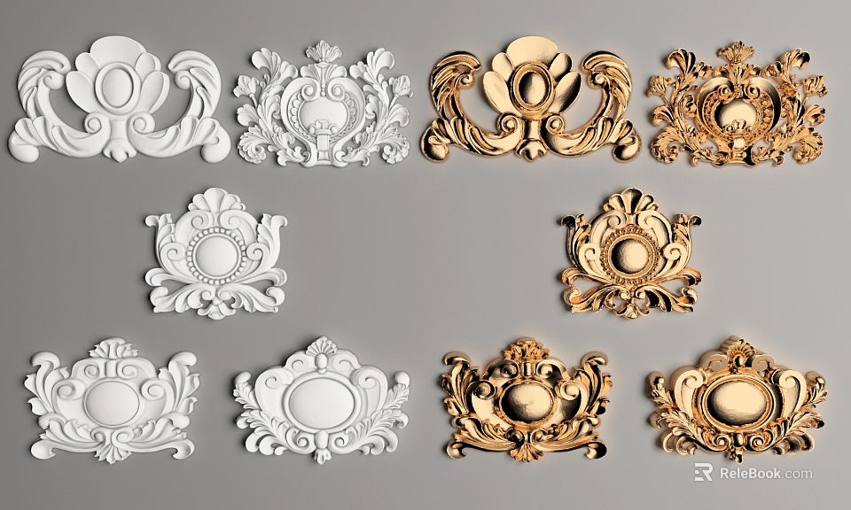 Decorative Carvings in White and Gold with Intricate Ornamental Patterns and Designs 3d model 