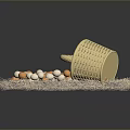 Chicken Eggs White And Orange Scattered From Golden Woven Basket On Straw Mat