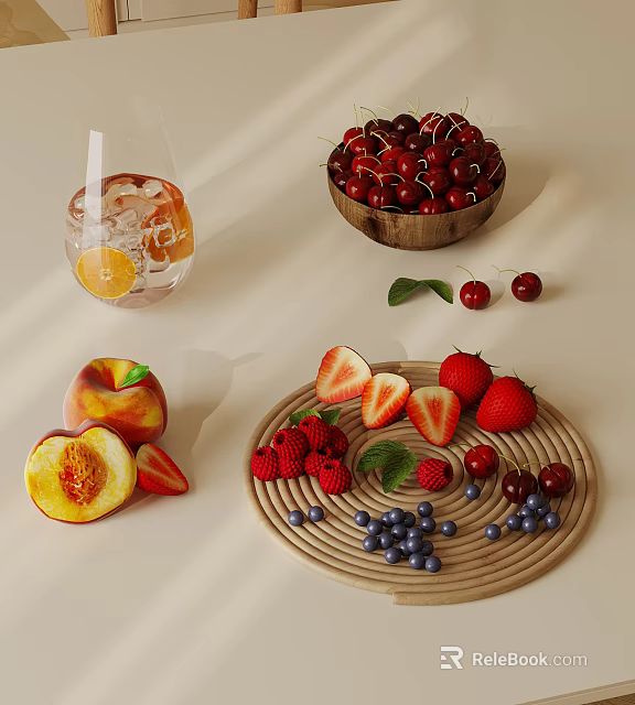 Fresh Fruit Platter With Peach Strawberries Raspberries Blueberries Cherries On Bamboo Tray And Iced Drink 3d model 