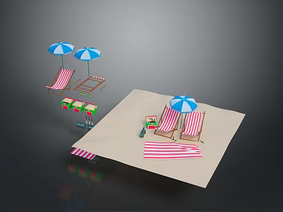 Modern Beach Scene With Striped Deck Chairs Blue Umbrellas And Sandy Area 3d model