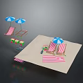 Modern Beach Scene With Striped Deck Chairs Blue Umbrellas And Sandy Area