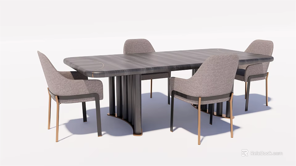 Modern Dining Table Set With Rectangular Wooden Tabletop And Light Gray Fabric Chairs 3d model