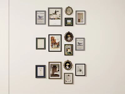 Gallery Wall With Diverse Framed Artworks And Decorative Accents For Home 3d model