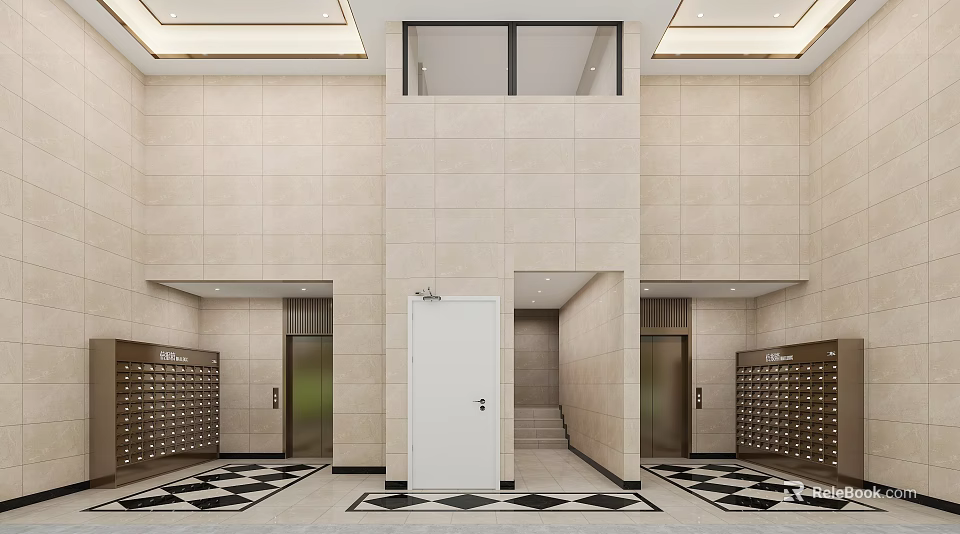 Hotel Lobby Interior With Elevators White Door And Lockers On Checkered Flooring 3d model