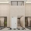 Hotel Lobby Interior With Elevators White Door And Lockers On Checkered Flooring 3d model