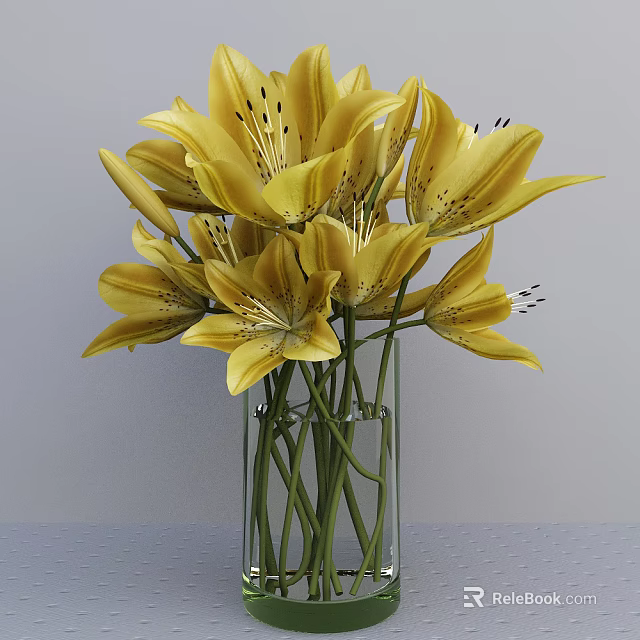 Blooming Yellow Lilies Arrangement in Transparent Glass Vase with Green Stems 3d model 